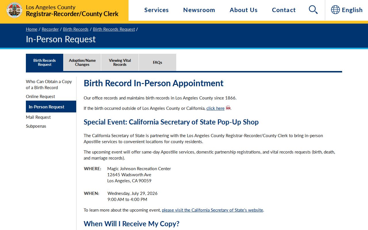 Claremont records in-person birth record request