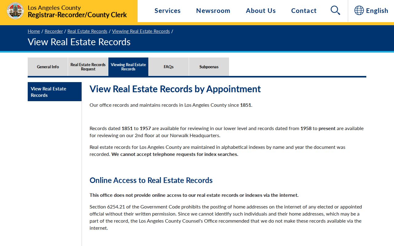 Claremont records RR/CC in-person real estate index page