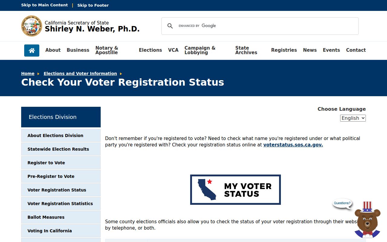 Claremont voter records status page from California Secretary of State